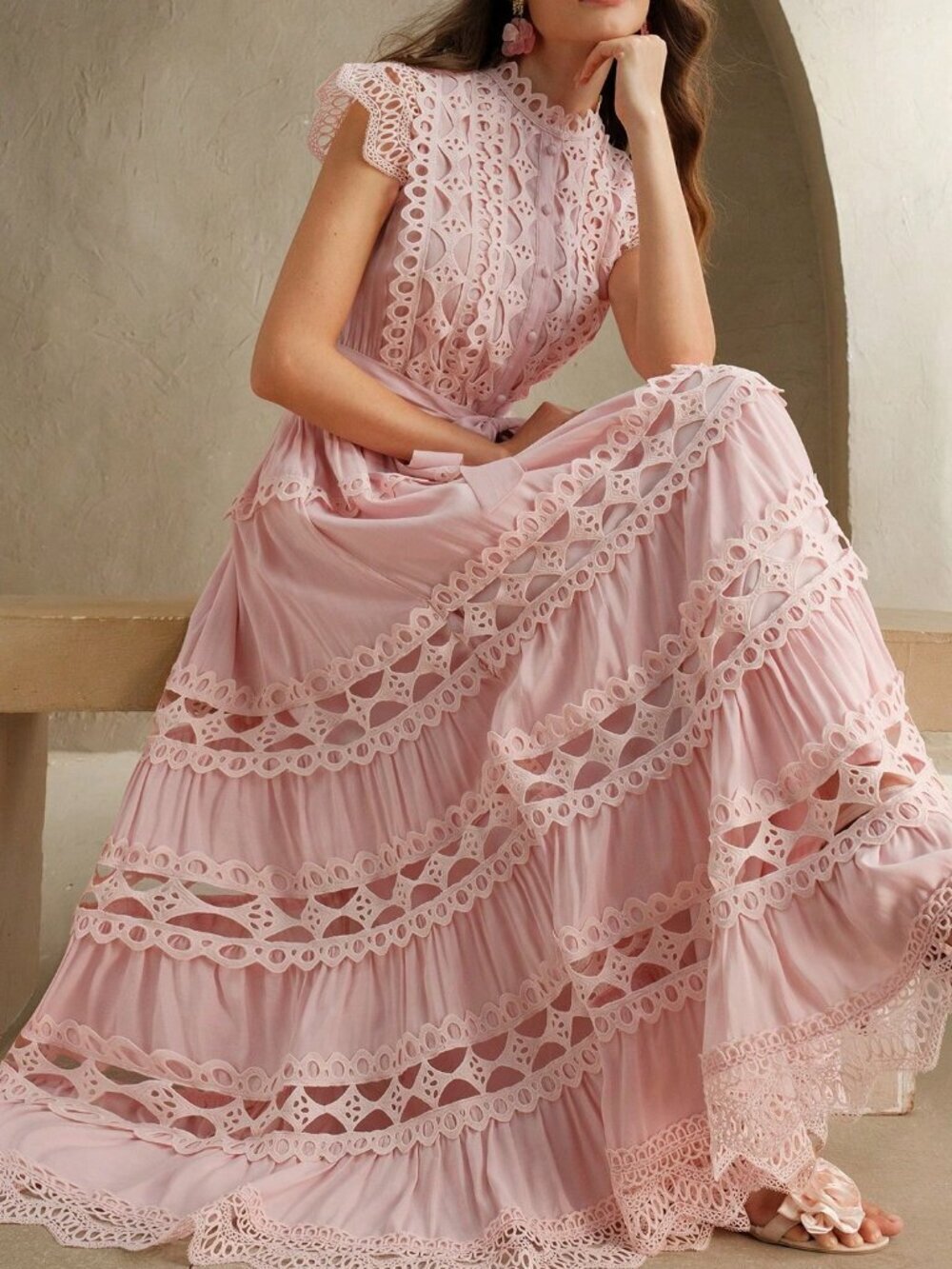 Pink Elegant Women's Lace Patchwork Sleeveless Long Dress